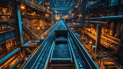 Fototapeta premium Industrial conveyor transporting coal inside a massive factory. Illustrates heavy industry, manufacturing, and resource transport.