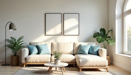 Bright living room with beige sectional sofa teal cushions, two empty picture frames. Indoor plants, floor lamp add touch of green plants. Sunlight streams through window. Modern minimalist interior
