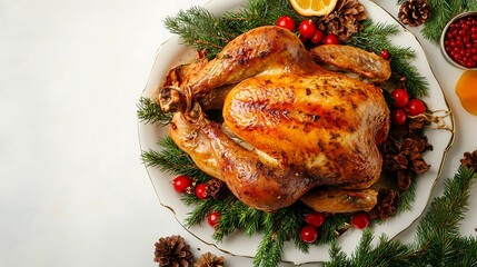 Baked whole chicken with cranberries and rosemary on a light background