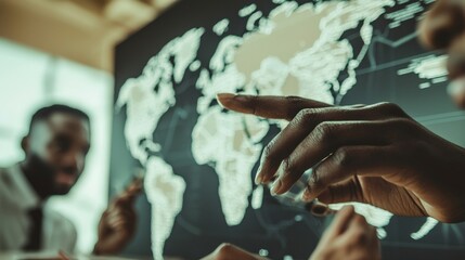 Professional team discussing global strategies with world map backdrop in modern office setting
