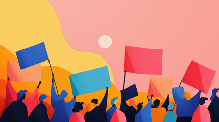 A vibrant illustration of a diverse crowd holding colorful flags against a sunset, symbolizing unity and protest.