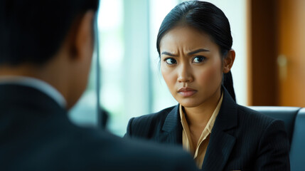 tense business meeting with focused woman in suit, expressing concern and determination. atmosphere is serious and professional, highlighting importance of discussion