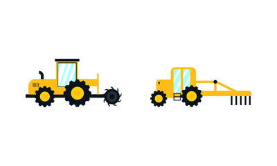 Agricultural and farming machinery and equipment on field vector set
