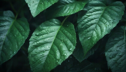  closeup wet green leaves texture and dark tone 