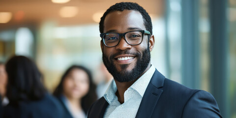 Fototapeta premium Portrait of a smiling business man with glasses and a beard standing in front of a group of people looking at the camera, with an office background, generative AI