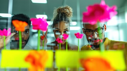 Group of diverse friends admiring vibrant flowers in a modern indoor setting with creative decor elements