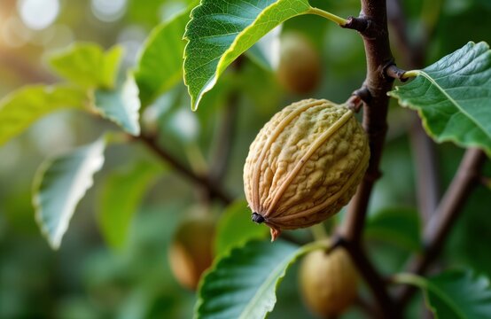Walnut fruit hanging on tree branch. Unripe walnut nut with pericarp. Green leaves are on the branch. Growing walnut tree. Fresh fruit in fruit farm. Possibly in California. Close up view. - Powered by Adobe