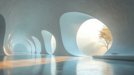 Futuristic Empty Concrete Interior with Curved Architectural Elements Ethereal Lighting and Serene Atmosphere