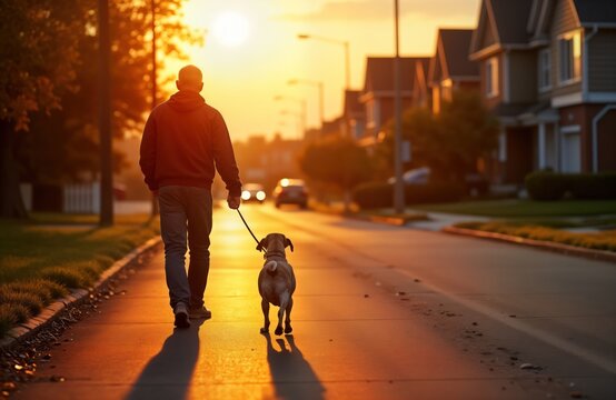 Senior man walks dog on sidewalk at sunset. Long shadows stretch across suburban street. Peaceful evening routine. Neighborhood community scene. Golden hour light. Active lifestyle. Pet owner.