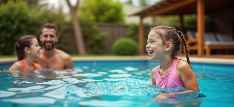 Happy family enjoying sunny day at backyard pool. Girl child playfully splashes in pool water. Parents watch, smile. Outdoor backyard setting beautiful, cheerful. Family time, summer joy evident. Fun