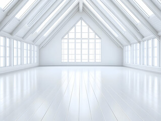 Fototapeta premium Bright attic room, white walls, large windows, sunlight