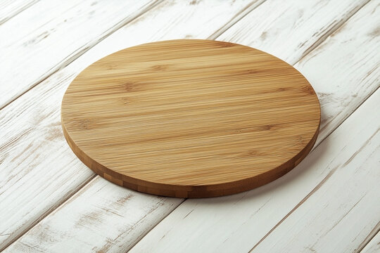A round bamboo wooden board on a white wooden background creates a rustic and natural look