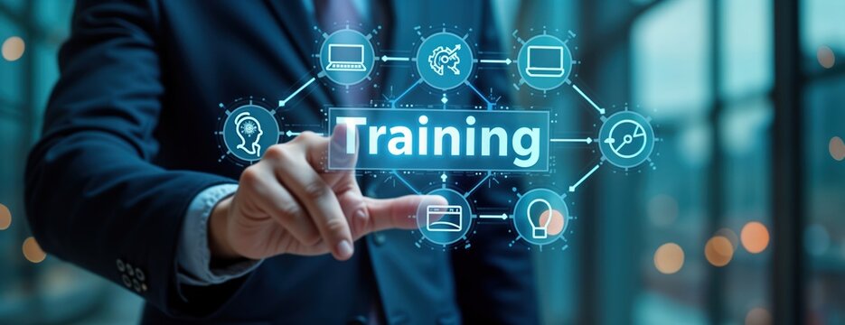 Person interacts with interactive training display. Hand touches digital training concept on screen. Webinars, online learning shown. E-learning technology, digital education displayed. Modern tech,