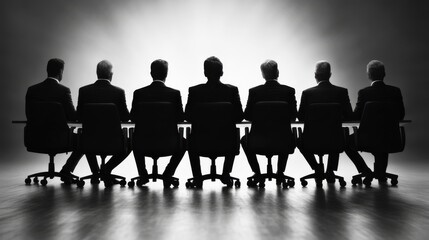 A group of six silhouetted figures in suits seated in chairs, facing away against a soft, illuminated background.