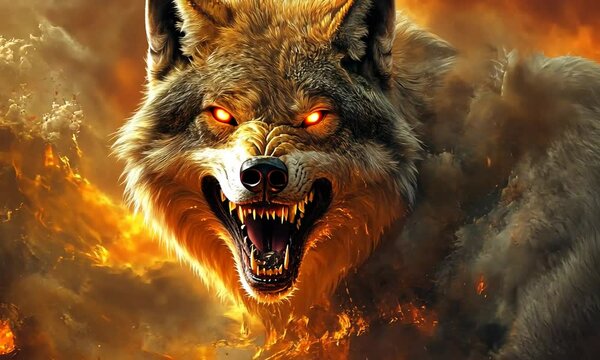 Fierce wolf with glowing eyes emerges from fiery background, showcasing raw power and intensity