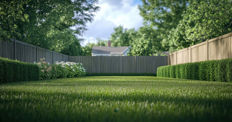 Obraz premium serene backyard scene featuring lush green grass, neatly trimmed hedges, and wooden fence. vibrant greenery creates peaceful atmosphere, perfect for relaxation