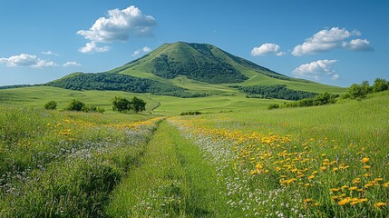 Fototapeta premium Wildflower Meadow Path Leading to Green Mountain