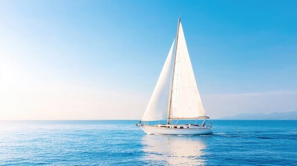 Naklejka premium Sailing yacht at sea, sunny day, calm waters, island in background; travel, vacation imagery