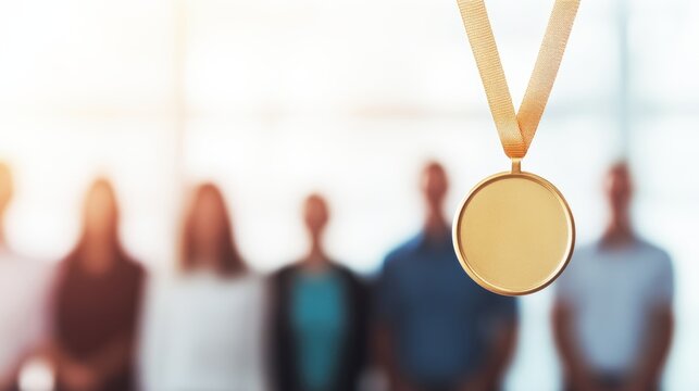 A golden medal hangs prominently in focus, with blurred figures in the background, symbolizing achievement and recognition.