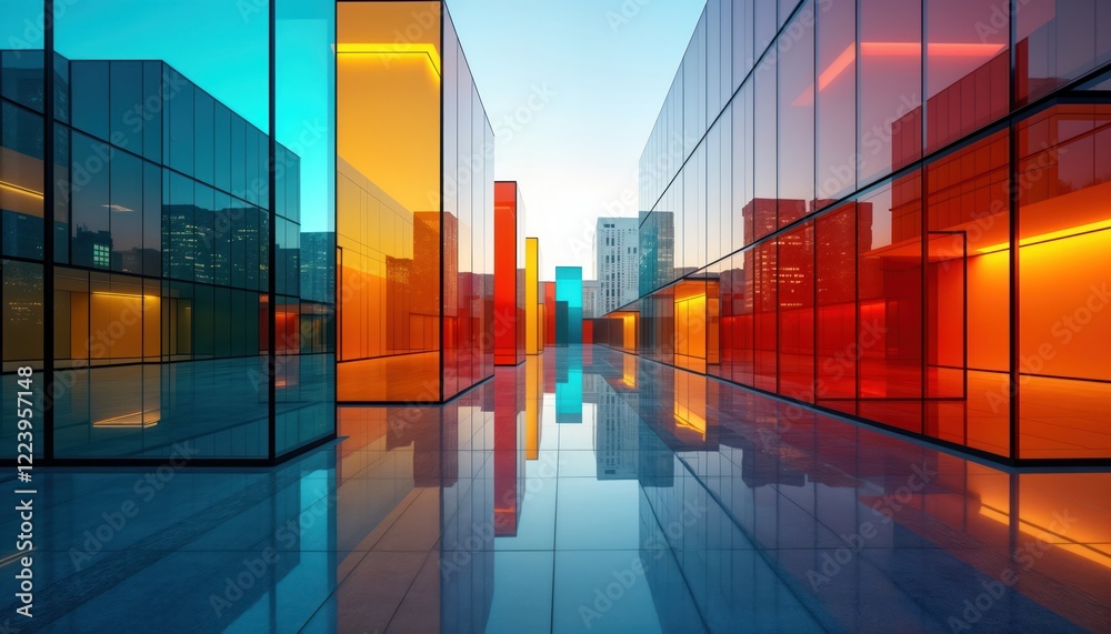 Poster Modern glass architectural forms in multiple colors. Abstract urban scene with colorful buildings. Cityscape reflected in polished floor. Vibrant design, futuristic feel. Possible interior space