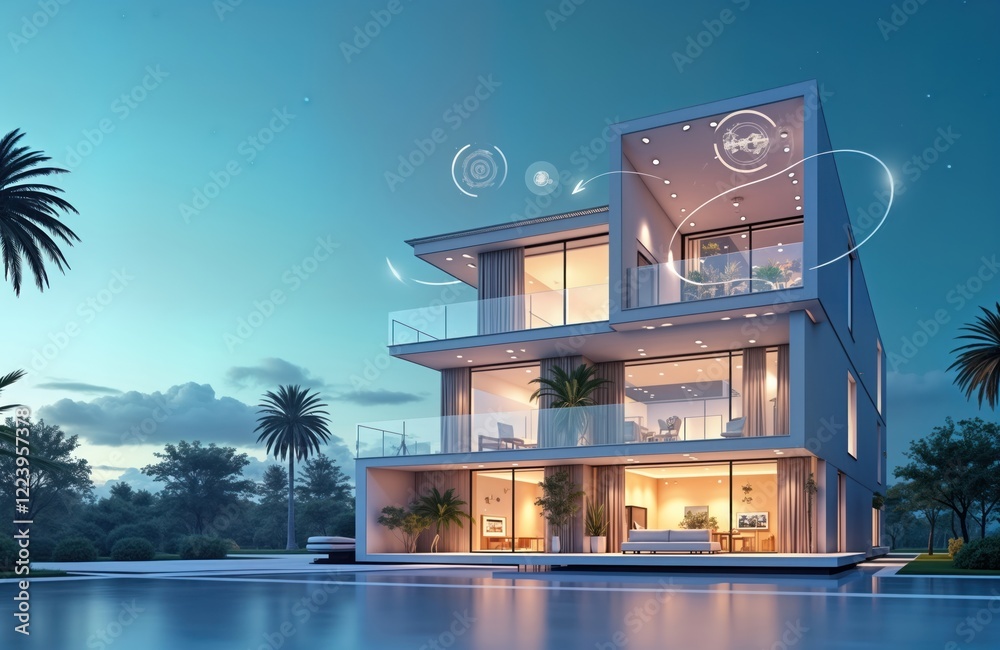 Poster Modern smart house at dusk near pool. Tech systems control home. Wireless devices connect inside. Automated lighting, security integrated. Home tech shown. Stylish architecture. Peaceful scene.