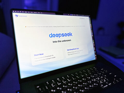 Deepseek website displayed on the Macbook Pro laptop. Artificial intelligence chatbot. Valencia, Spain - January 28th 2025
