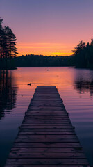 Fototapeta premium Serene Lakeside Sunset with Wooden Pier, Reflective Water, and Silhouetted Trees in a Peaceful Natural Setting
