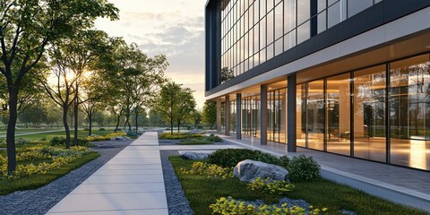 A corporate headquarters with clean lines, minimalist landscaping, and large windows.