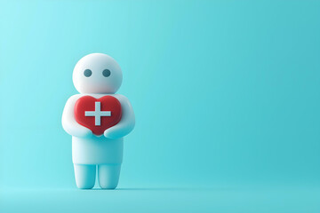 A cute, cartoon-like figure holding a red heart with a white cross, symbolizing health and care against a soothing blue background.
