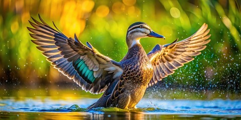 Obraz premium Pacific Black Duck Flapping Wings in Water After Preening - Nature Photography, Wildlife, Waterfowl, Birds, Outdoor, Beauty, Wetlands, Aquatic Habitat