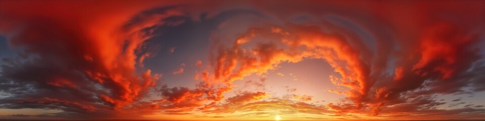 Fototapeta premium Dramatic sunset panorama with vivid colors. Burning red, orange hues paint sky. Clouds fill sky with fiery patterns. Sun sets at horizon. Perfect for 3D visualizations, sky replacement in aerial