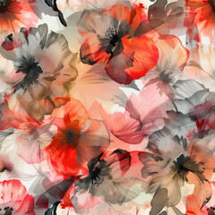 Cute large flowers in shades of red and gray watercolor seamless pattern. Watercolor print in rustic vintage style, textile or wallpapers.