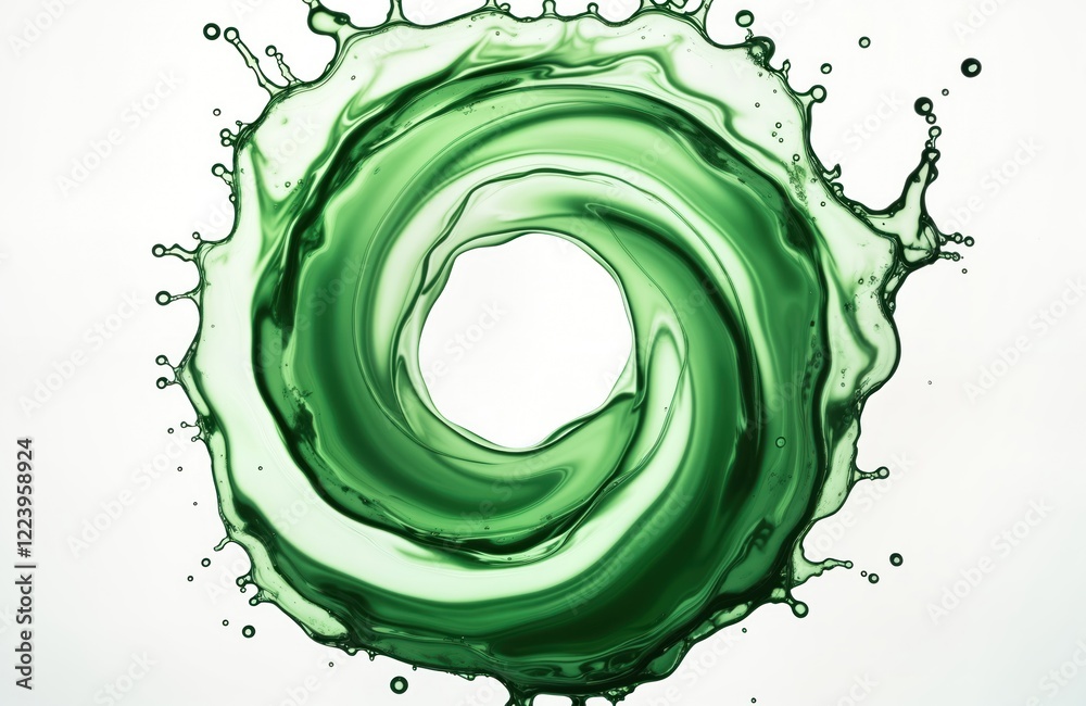 Poster Green liquid forms circular whirlpool with splashes, drips. Fluid motion creates swirling pattern. Isolated against transparent background. Abstract shape with vibrant green color. Photo evokes