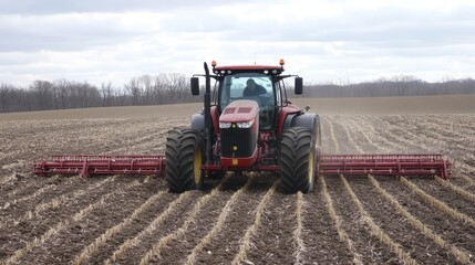 Obraz premium Red tractor cultivates a field. Illustrates spring planting and farming.