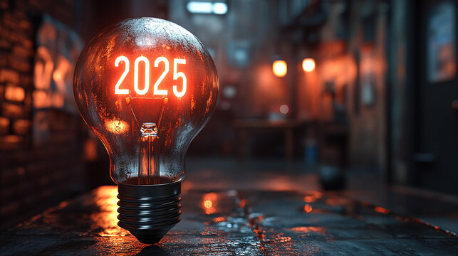 Glowing light bulb with "2025" numbers sparkling in festive ambiance minimalistic bright tone with blurred background creating a celebratory and futuristic atmosphere with empty caption space


