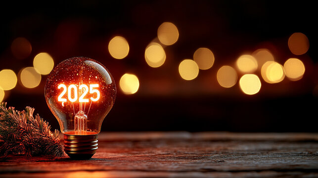 Glowing light bulb with "2025" numbers sparkling in festive ambiance minimalistic bright tone with blurred background creating a celebratory and futuristic atmosphere with empty caption space

