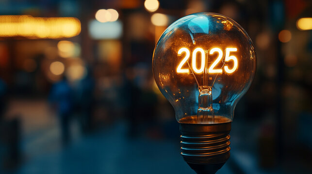 Glowing light bulb with "2025" numbers sparkling in festive ambiance minimalistic bright tone with blurred background creating a celebratory and futuristic atmosphere with empty caption space

