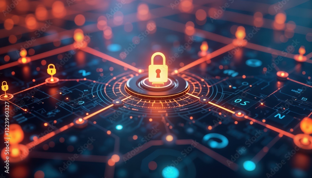 Aufkleber Digital tech illustration shows encrypted data transfer between devices. Secure glowing data paths connect devices. Lock icons, glowing shields emphasize cybersecurity concept. Modern tech style.