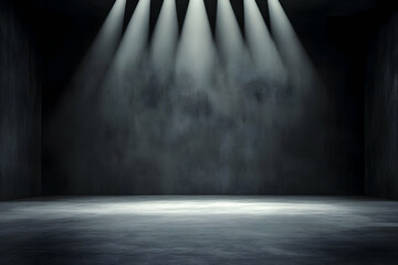 Dark room, spotlights, concrete floor, empty stage, product display