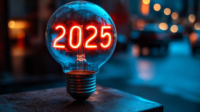 Glowing light bulb with "2025" numbers sparkling in festive ambiance minimalistic bright tone with blurred background creating a celebratory and futuristic atmosphere with empty caption space

