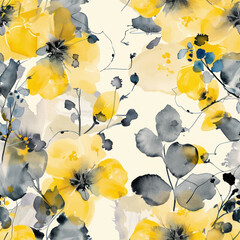 Cute yellow and gray floral pattern on a cream background watercolor seamless pattern. Watercolor print in rustic vintage style, textile or wallpapers.