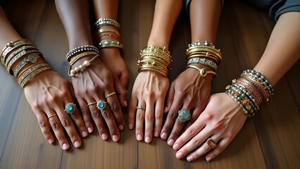 Diverse bracelets and bangles adorning hands resting on a table