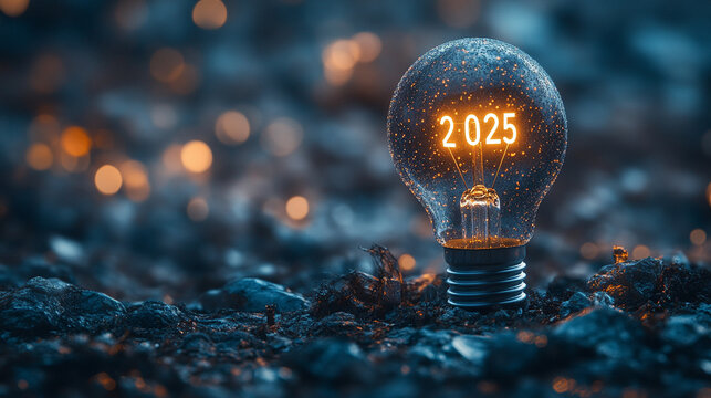 Glowing light bulb with "2025" numbers sparkling in festive ambiance minimalistic bright tone with blurred background creating a celebratory and futuristic atmosphere with empty caption space

