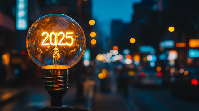 Glowing light bulb with "2025" numbers sparkling in festive ambiance minimalistic bright tone with blurred background creating a celebratory and futuristic atmosphere with empty caption space

