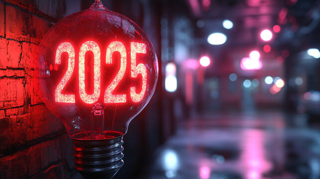 Glowing light bulb with "2025" numbers sparkling in festive ambiance minimalistic bright tone with blurred background creating a celebratory and futuristic atmosphere with empty caption space

