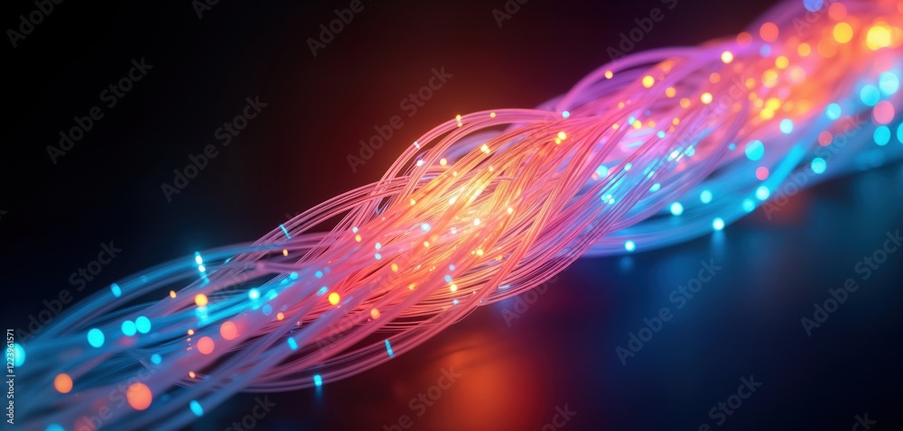 Poster abstract illustration of glowing fiber optic cables. colorful strands intertwine creating network of