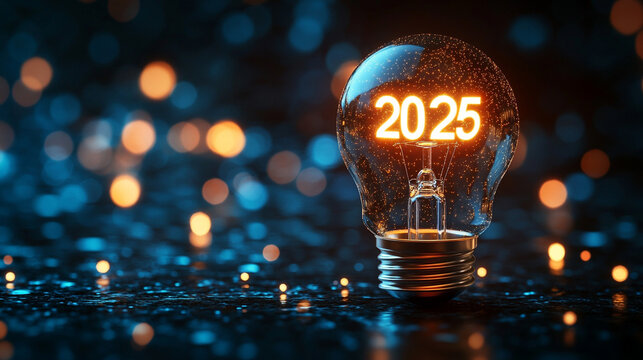Glowing light bulb with "2025" numbers sparkling in festive ambiance minimalistic bright tone with blurred background creating a celebratory and futuristic atmosphere with empty caption space

