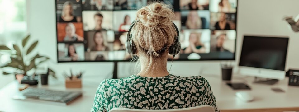 Focused Young Woman Attending Virtual Conference with Multiple Speakers on a Large Computer Monitor