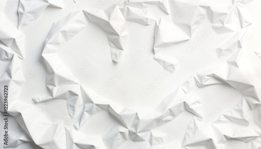 Poster White crumpled paper on white background. Abstract texture with folds, creases. Minimalist design. Elegant backdrop. Versatile image for branding, design projects. Use for various contexts like