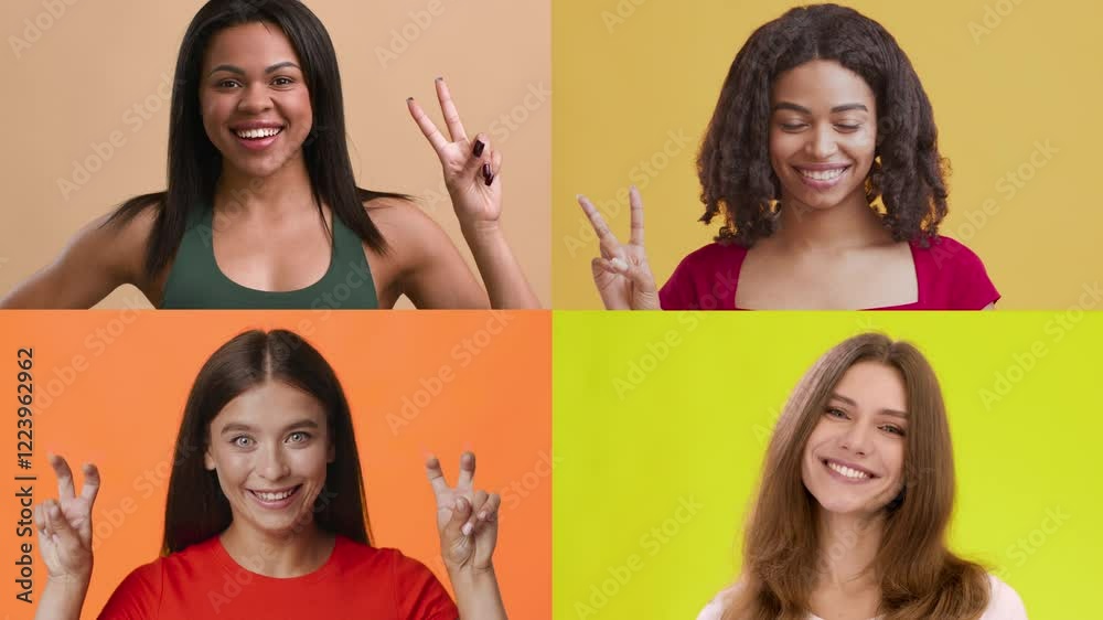 Poster four individuals of different backgrounds display joyful expressions while making peace signs.
